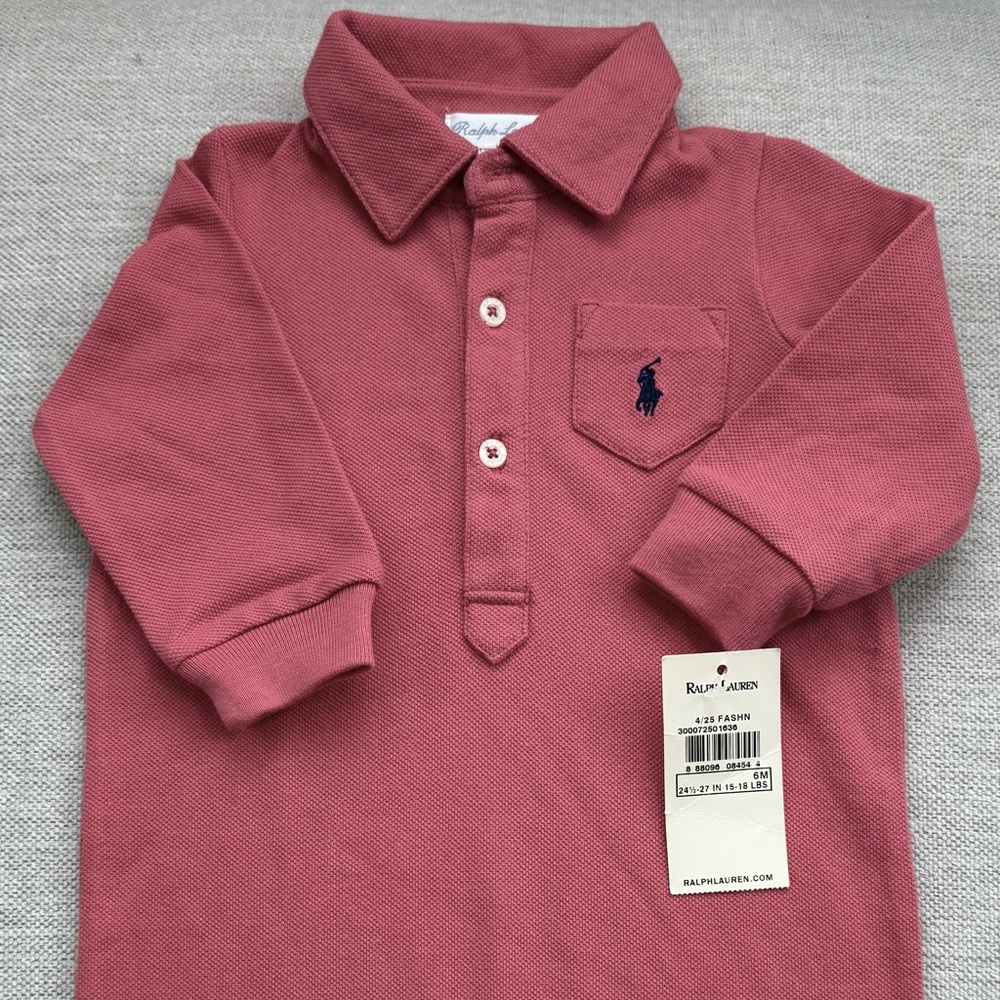 Ralph Lauren Pink (Salmon)  One Piece Footies with Polo Collar